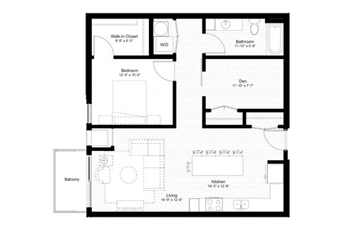 Floor plan for 1 bed, 1 bath, 903 sqft